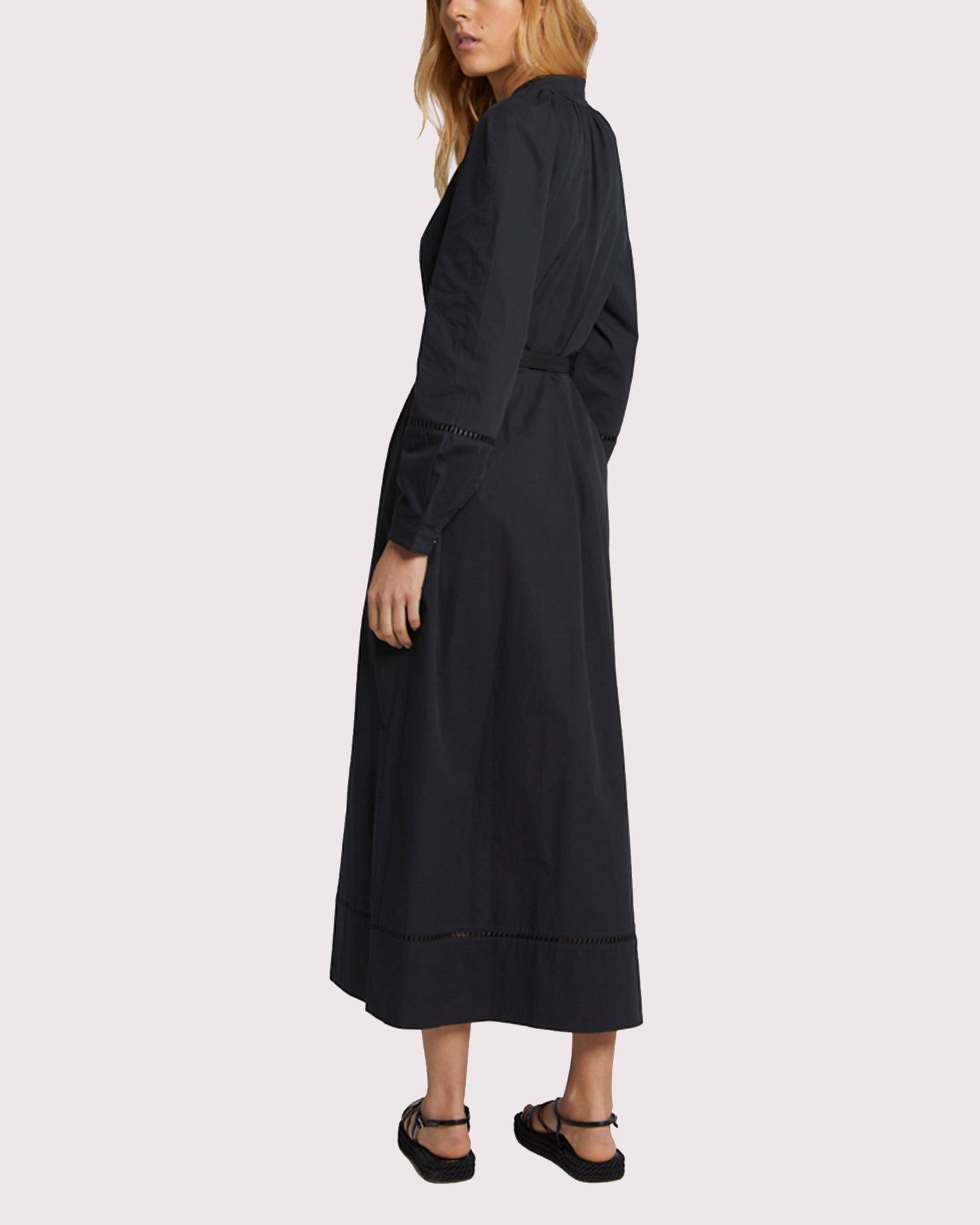 Flowing belted cotton dress with leather embroidery