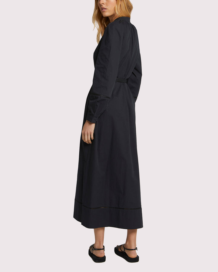 Flowing belted cotton dress with leather embroidery