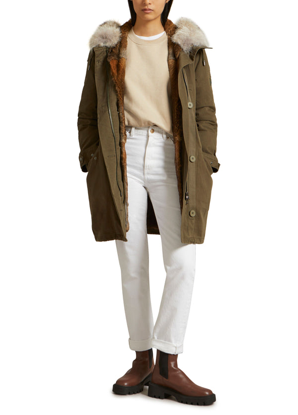 Parka longue en gabardine de coton avec fourrure de coyote et lapin