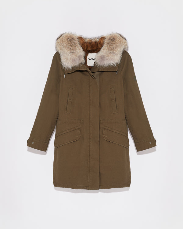 Long cotton gabardine parka with coyote and rabbit fur