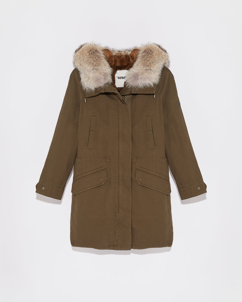 Parka longue en gabardine de coton avec fourrure de coyote et lapin