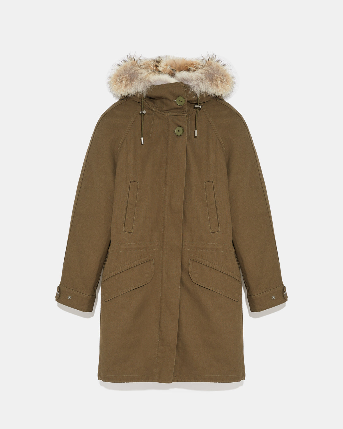 parka-longue-en-gabardine-de-coton-avec-fourrure-de-coyote-et-lapin-kaki-22wfm01090a01xb2354 -Yves Salomon