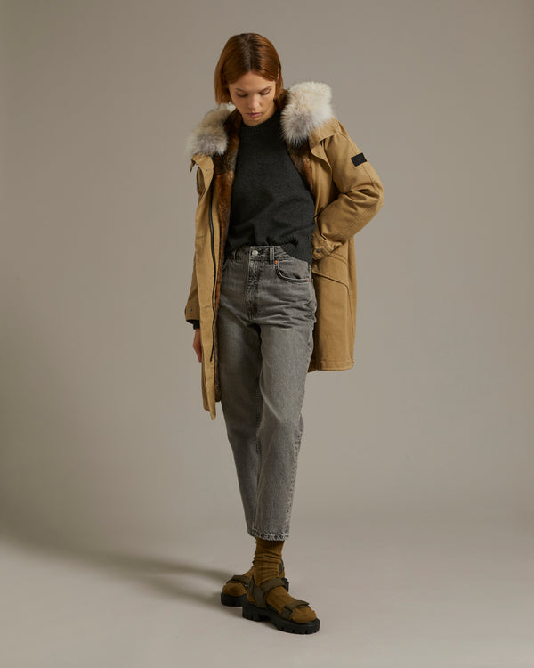 Parka longue en gabardine de coton avec fourrure de coyote et lapin