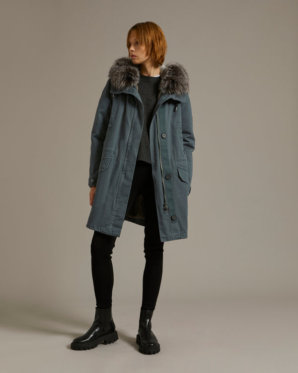 Parka longue en gabardine de coton avec fourrure de renard et lapin