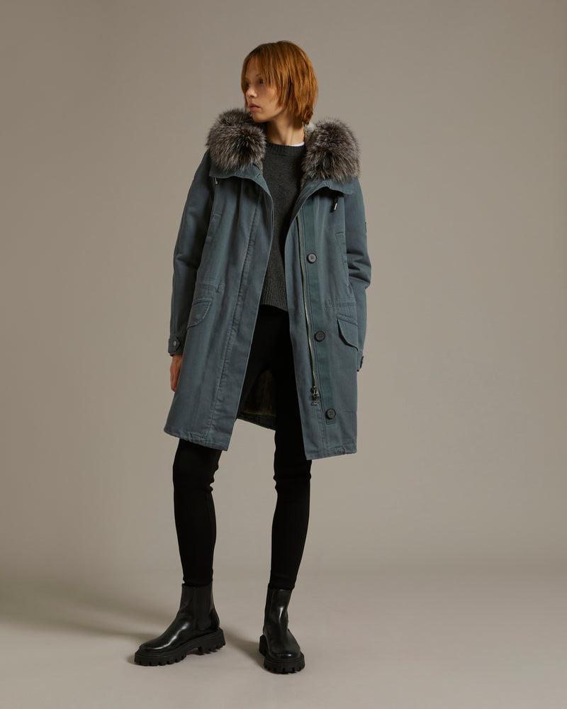 Parka longue en gabardine de coton avec fourrure de renard et lapin