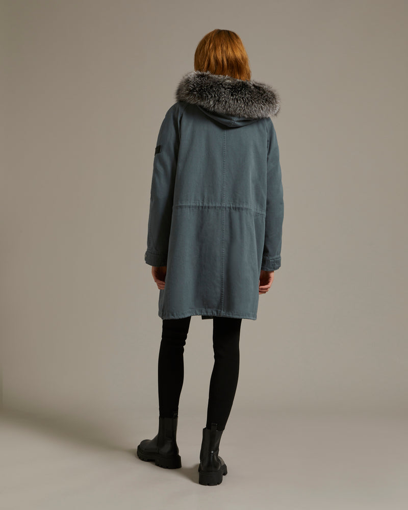 Long cotton gabardine parka with fox and rabbit fur