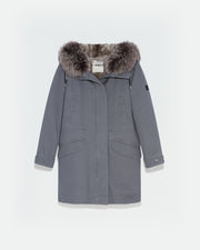 Parka longue en gabardine de coton avec fourrure de renard et lapin