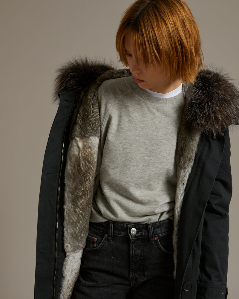 Parka longue en gabardine de coton avec fourrure de renard et lapin