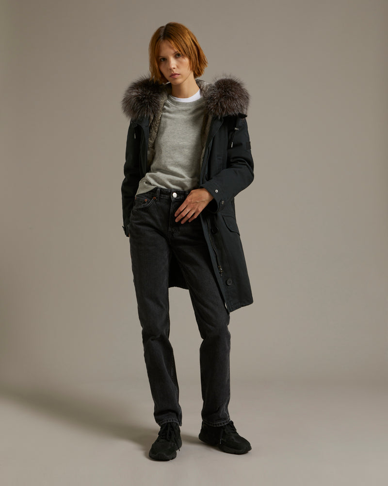 Parka longue en gabardine de coton avec fourrure de renard et lapin