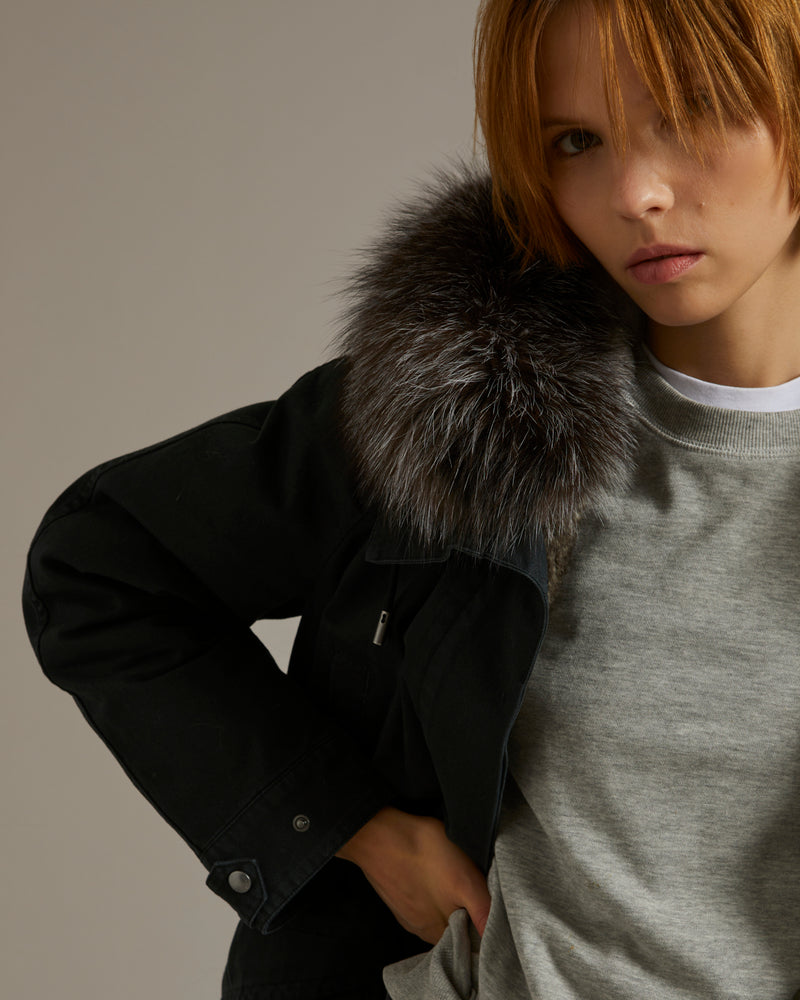 Parka longue en gabardine de coton avec fourrure de renard et lapin