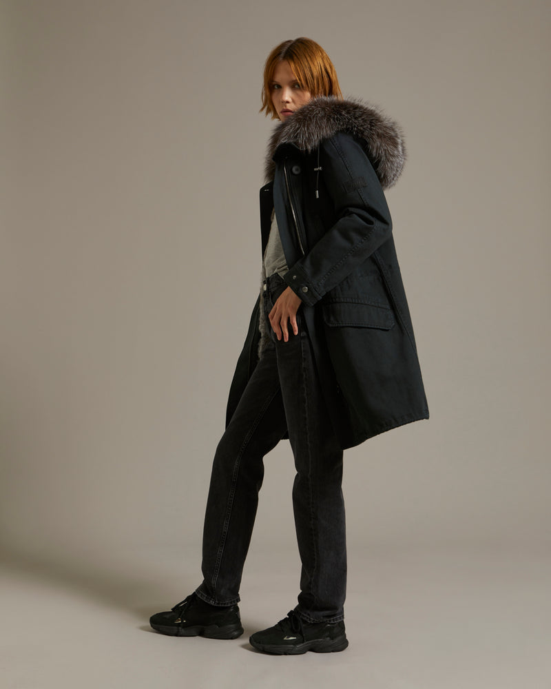 Parka longue en gabardine de coton avec fourrure de renard et lapin