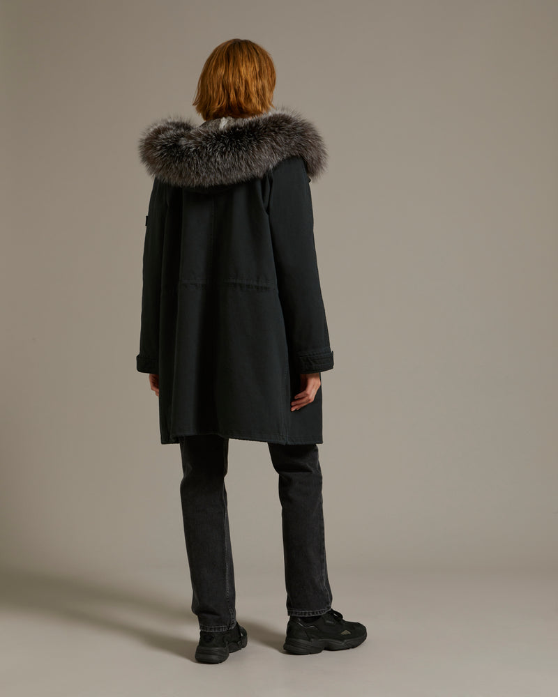 Parka longue en gabardine de coton avec fourrure de renard et lapin