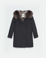 Parka longue en gabardine de coton avec fourrure de renard et lapin