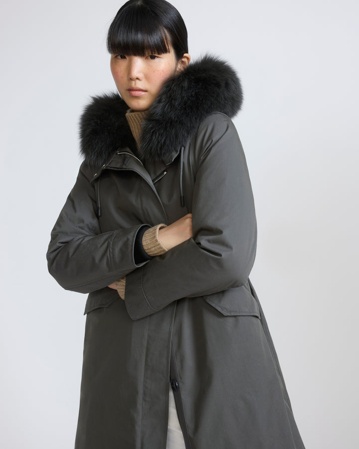 Parka iconique longue en coton mélangé imperméable avec fourrure de renard et lapin