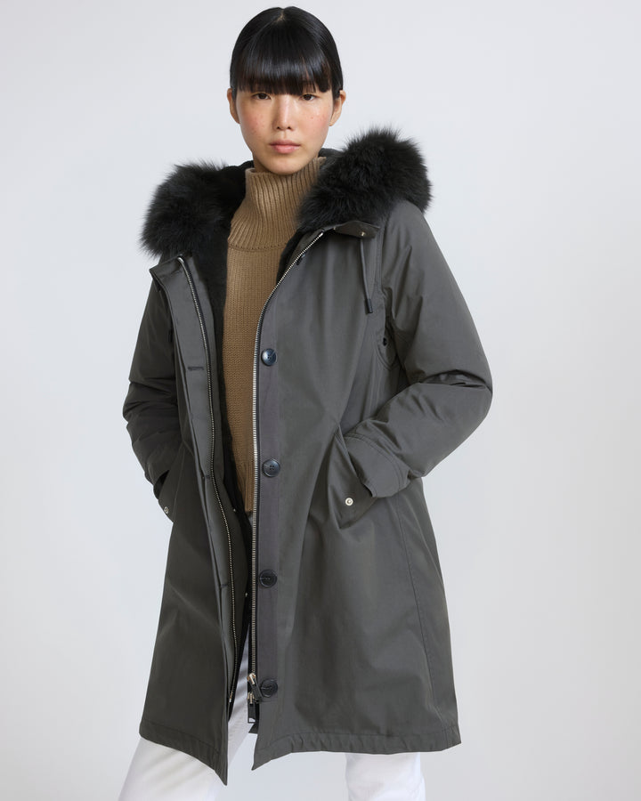 Parka iconique longue en coton mélangé imperméable avec fourrure de renard et lapin