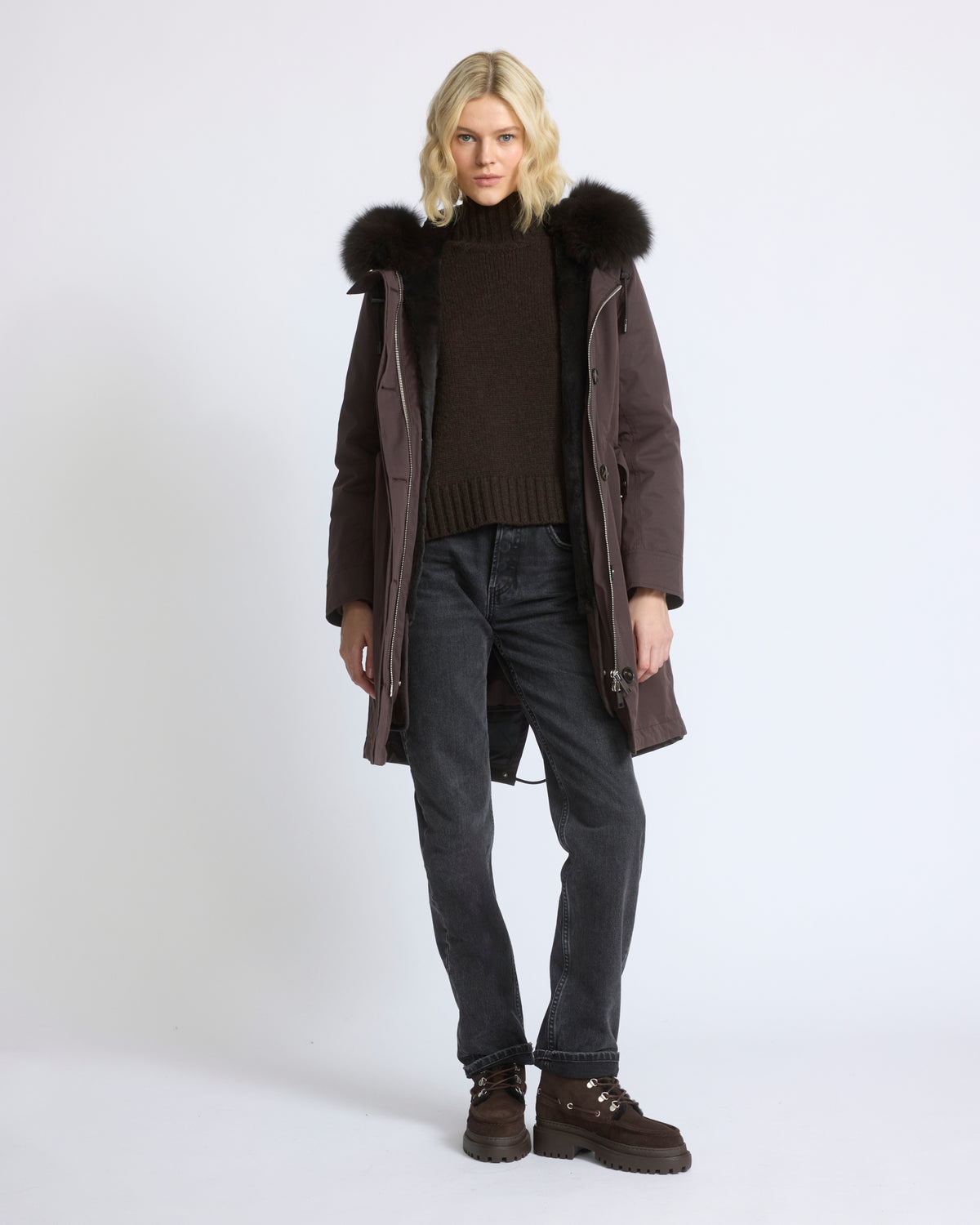 Parka iconique longue en coton mélangé imperméable avec fourrure de renard et lapin - Yves Salomon - Nouvelle collection Automne Hiver