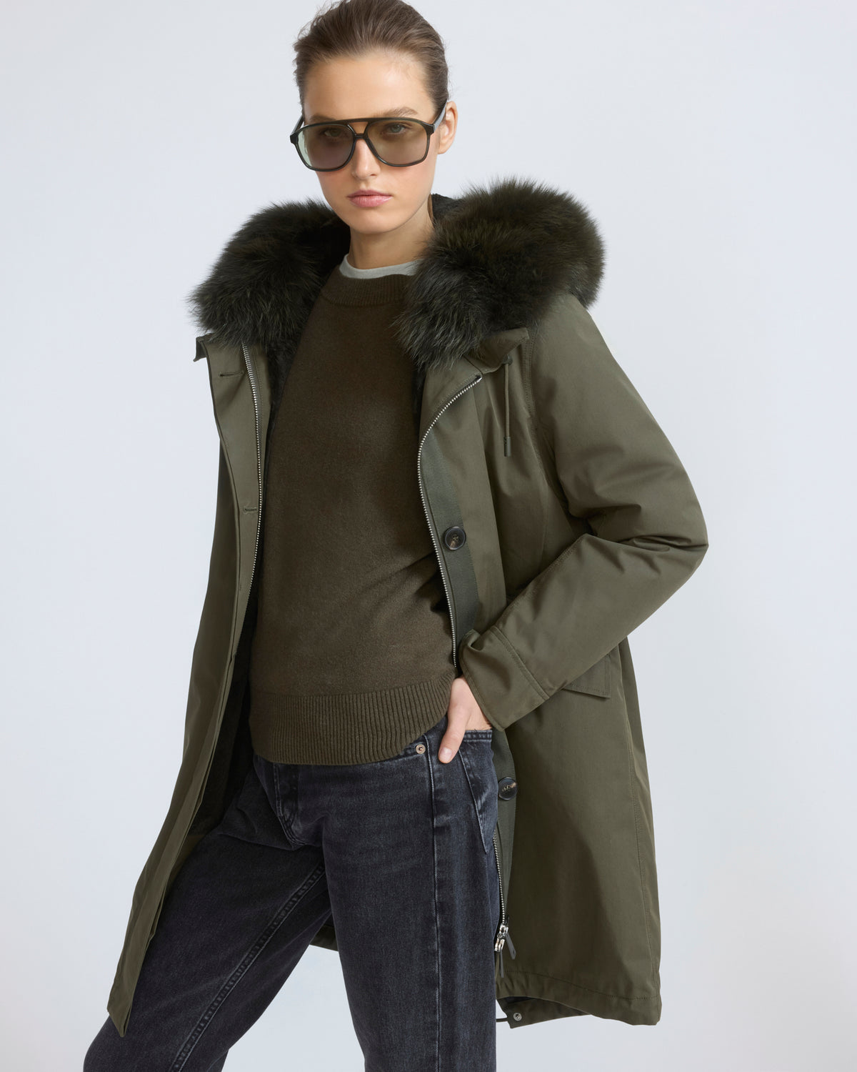 Parka iconique longue en coton mélangé imperméable avec fourrure de renard et lapin