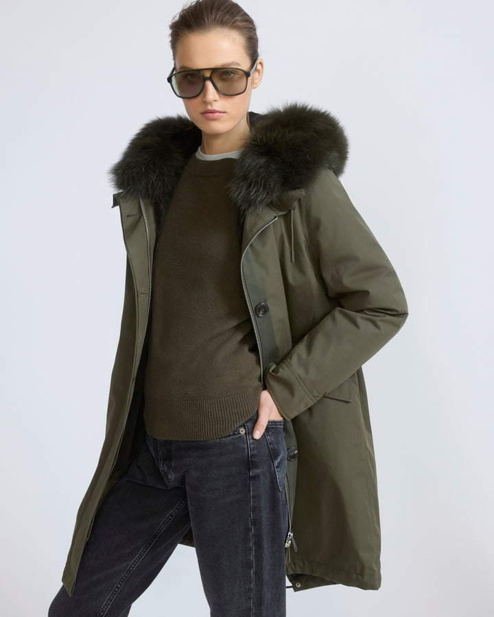 Parka iconique longue en coton mélangé imperméable avec fourrure de renard et lapin