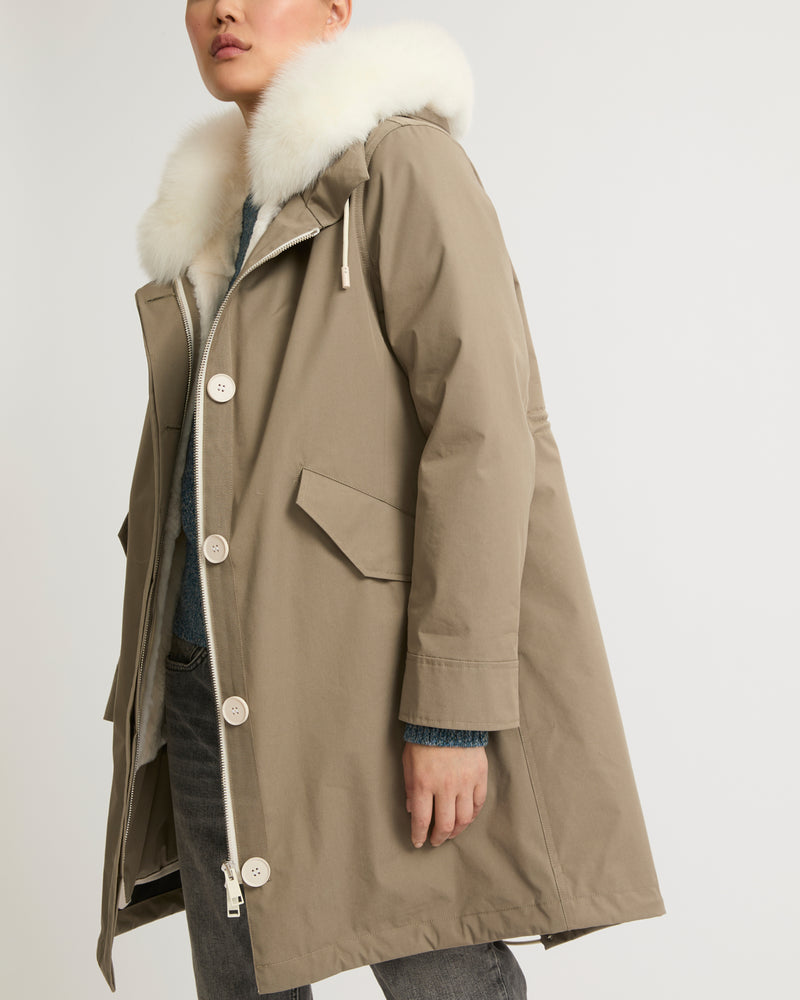 Parka iconique longue en coton mélangé imperméable avec fourrure de renard et lapin