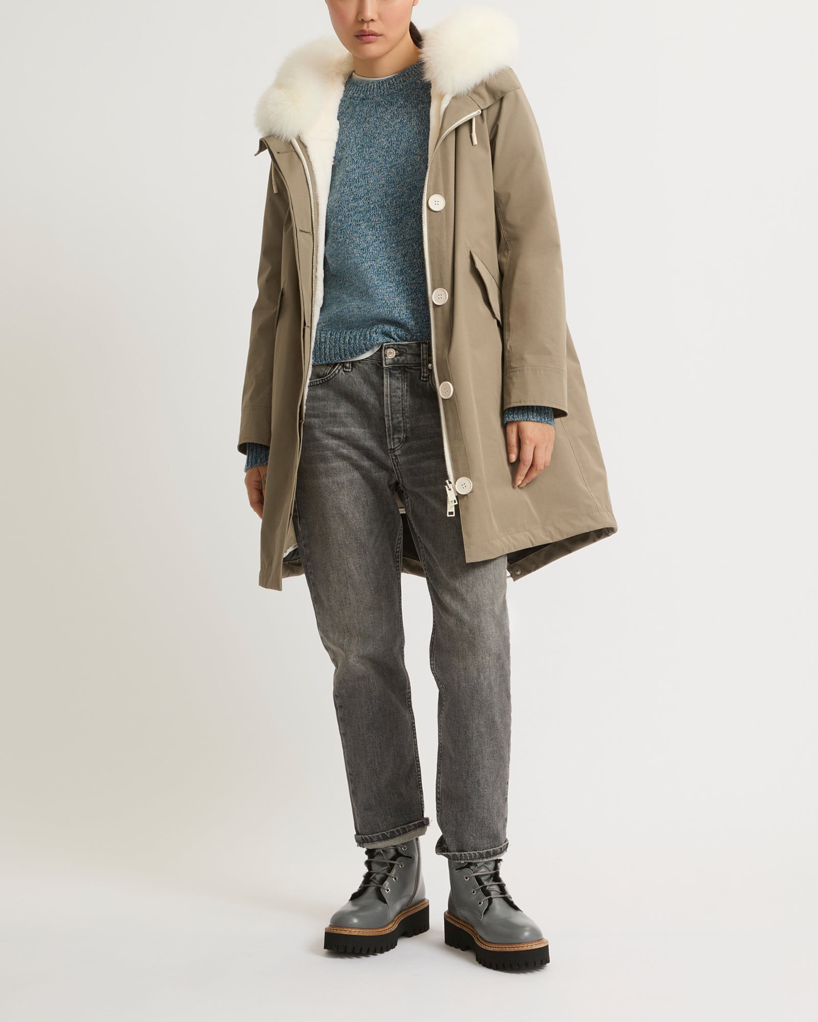 Parka impermeabile con pelliccia di volpe e coniglio Cachi