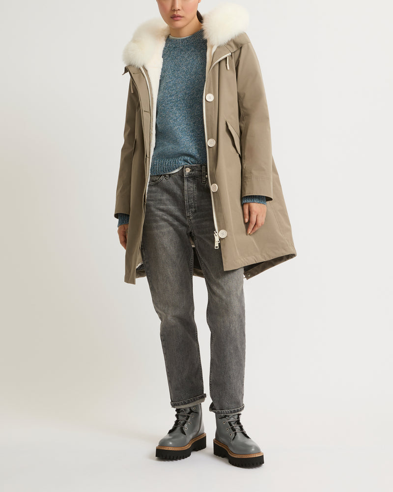 Parka iconique longue en coton mélangé imperméable avec fourrure de renard et lapin