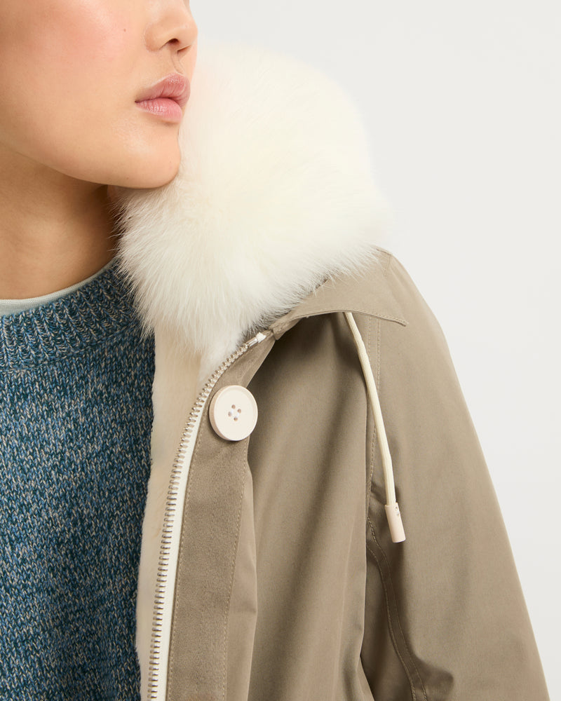 Parka iconique longue en coton mélangé imperméable avec fourrure de renard et lapin
