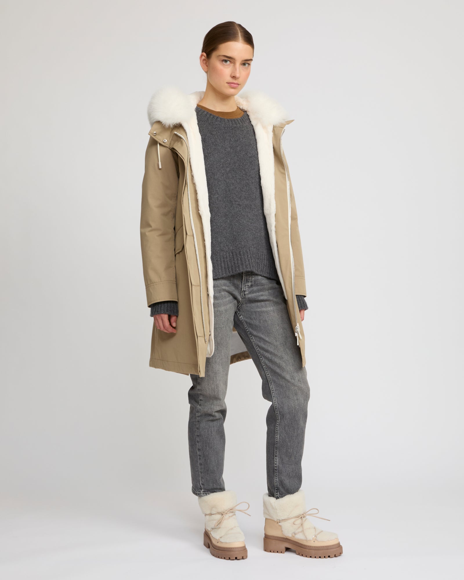 Parka iconique longue en coton mélangé imperméable avec fourrure de renard et lapin -Yves Salomon