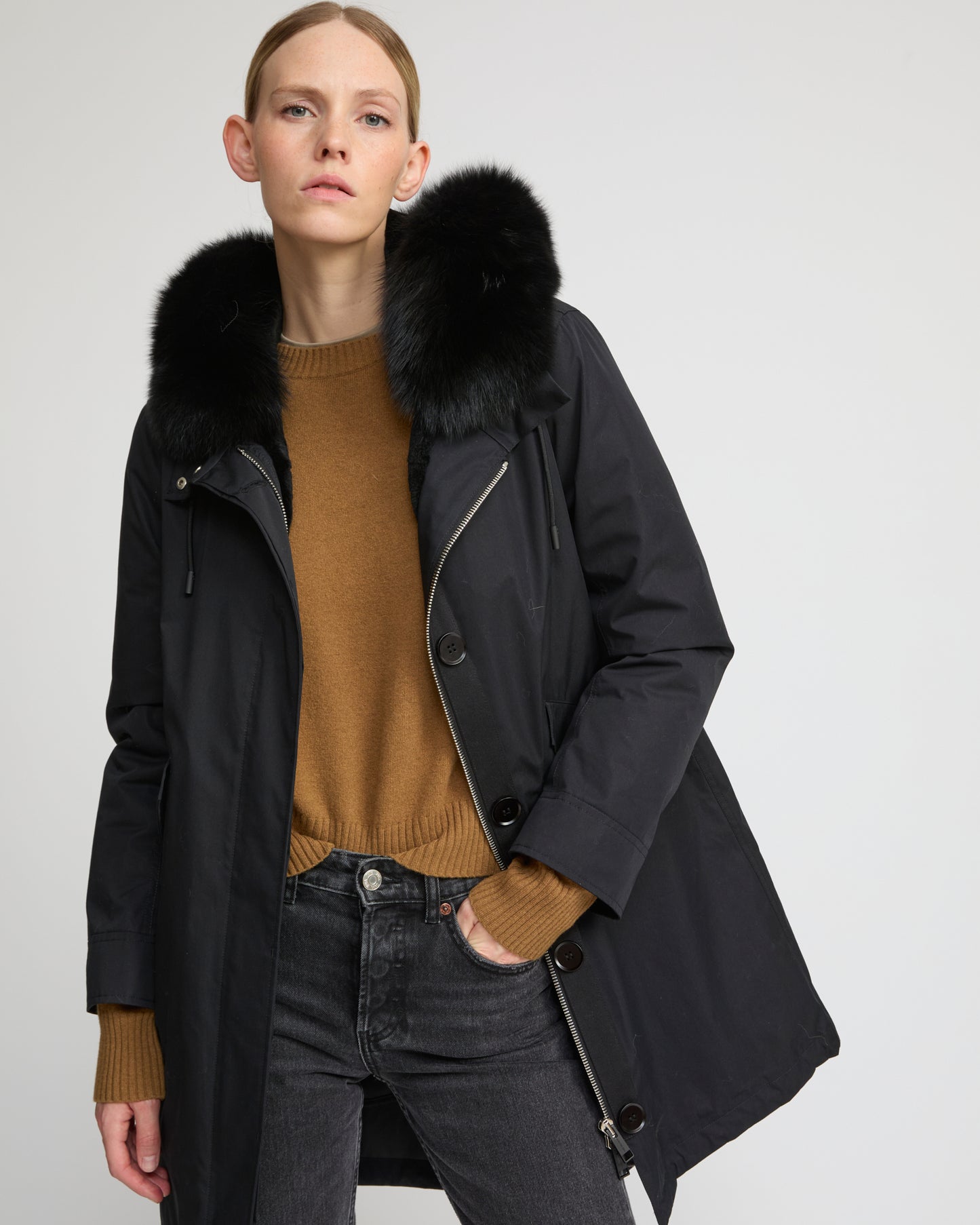 Parka iconique longue en coton mélangé imperméable avec fourrure de renard et lapin