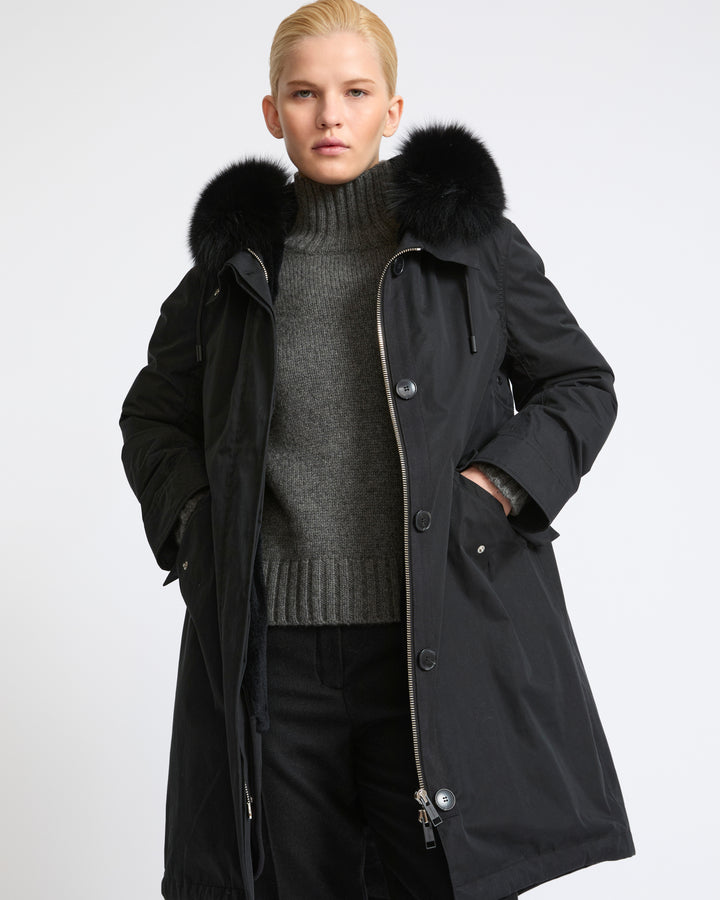 Parka iconique longue en coton mélangé imperméable avec fourrure de renard et lapin- Yves Salomon - Nouvelle collection Automne Hiver
