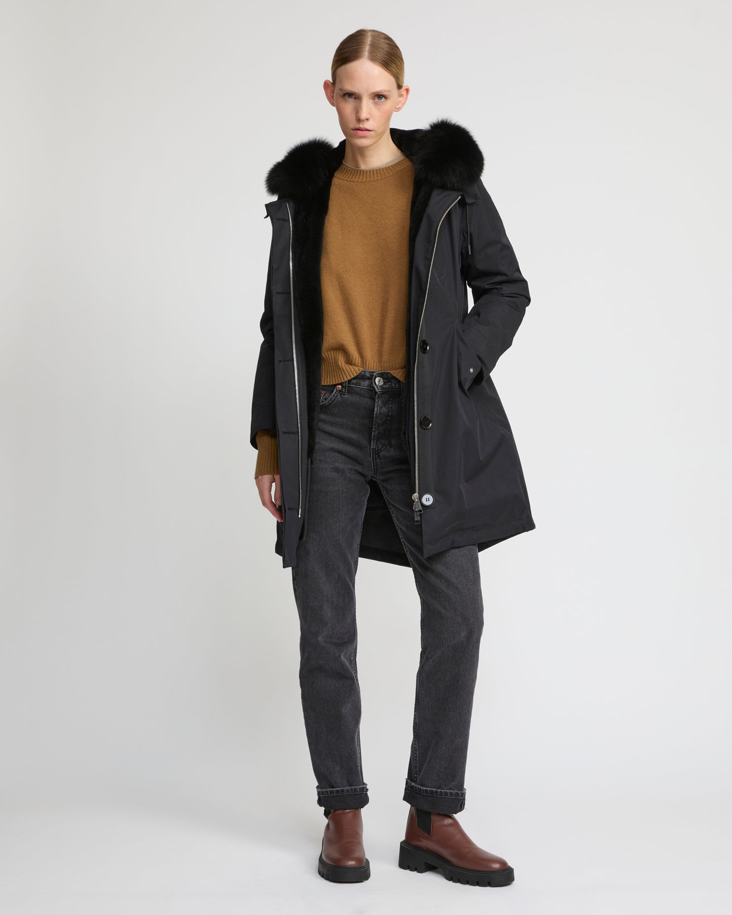 Parka iconique longue en coton mélangé imperméable avec fourrure de renard et lapin