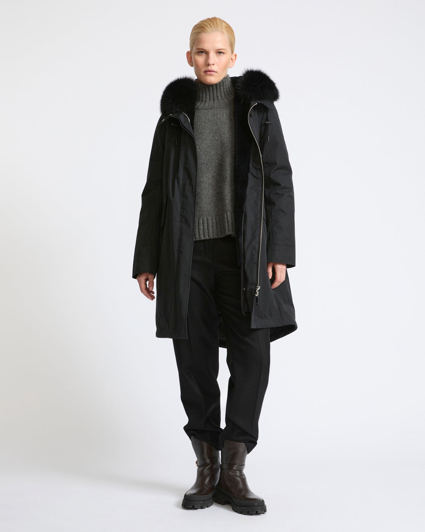 Parka iconique longue en coton mélangé imperméable avec fourrure de renard et lapin- Yves Salomon - Nouvelle collection Automne Hiver