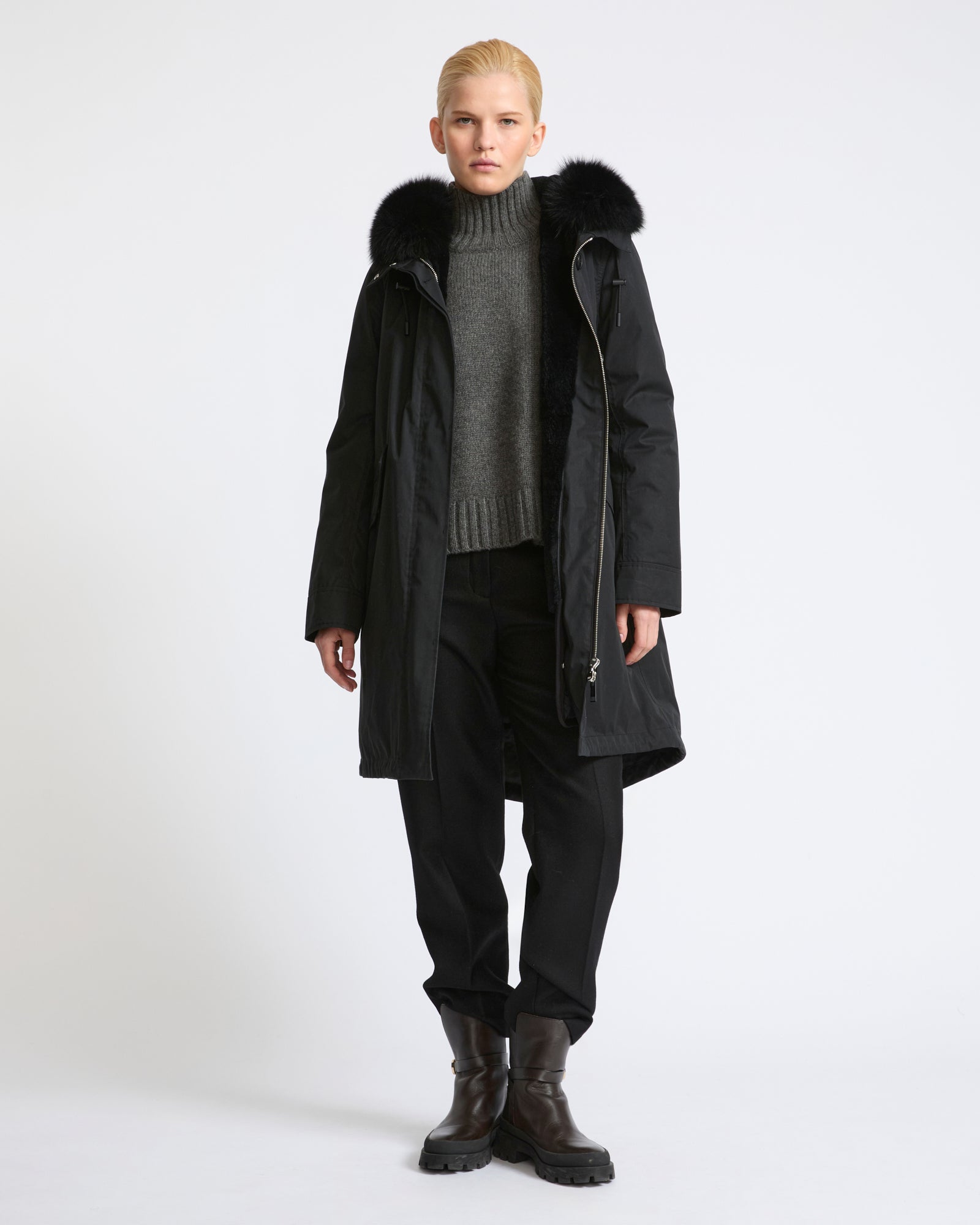 Parka iconique longue en coton mélangé imperméable avec fourrure de renard et lapin- Yves Salomon - Nouvelle collection Automne Hiver