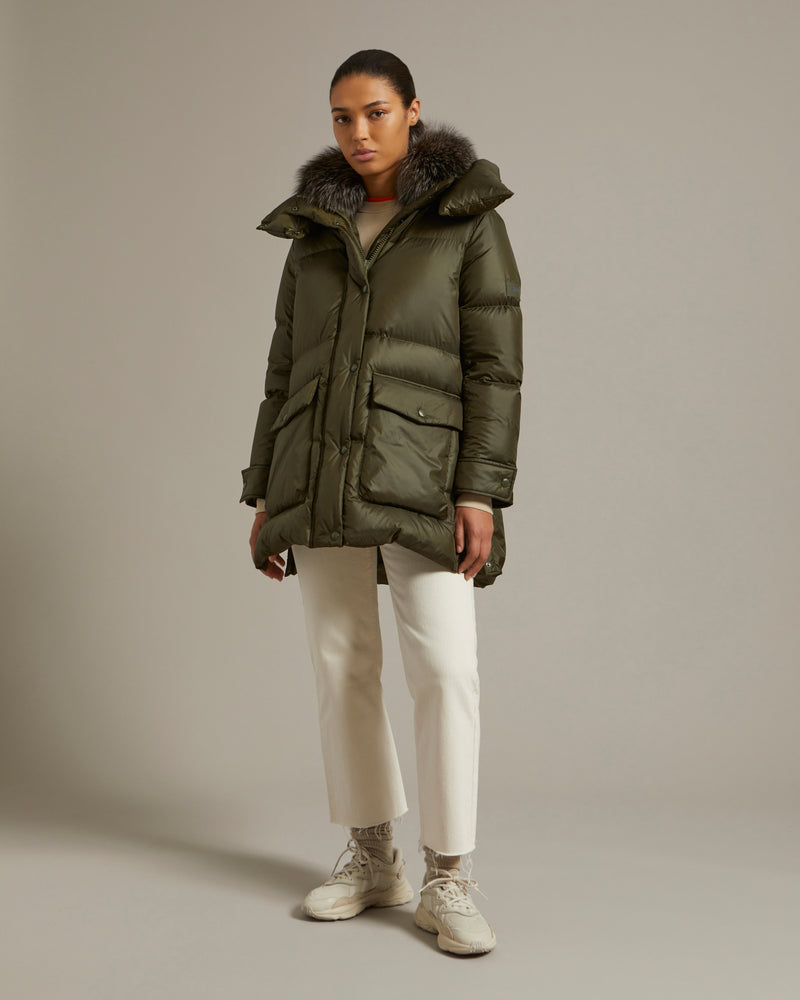 3/4 down jacket in water-repellent technical fabric with fox fur collar trim