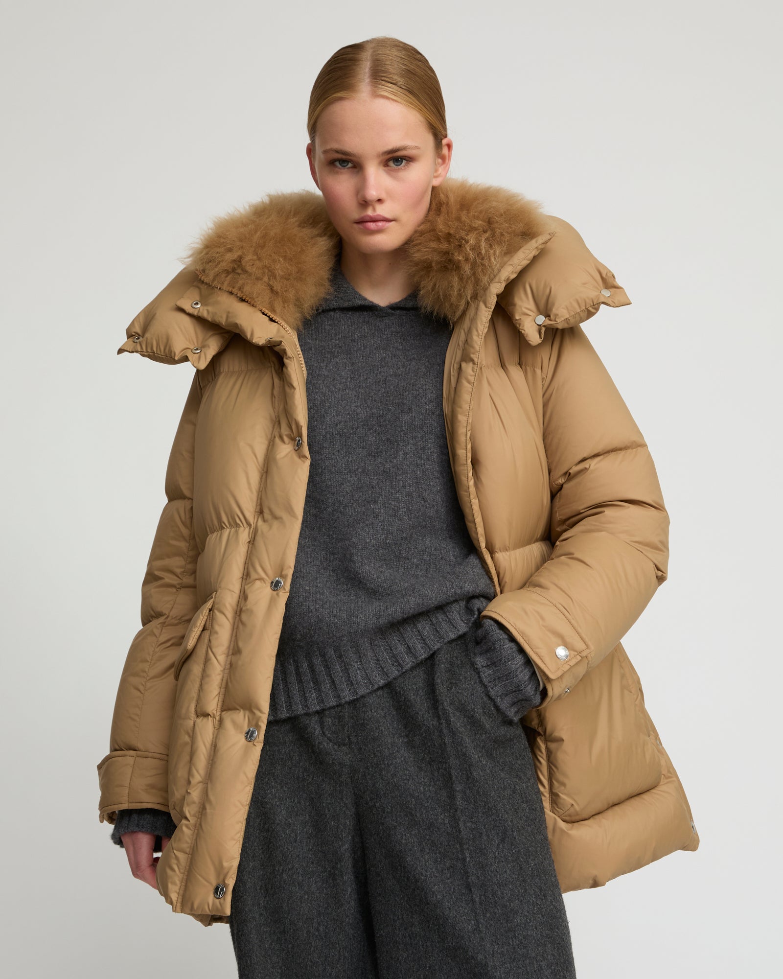 3/4 hooded down jacket in Tibetan lambswool – Yves Salomon