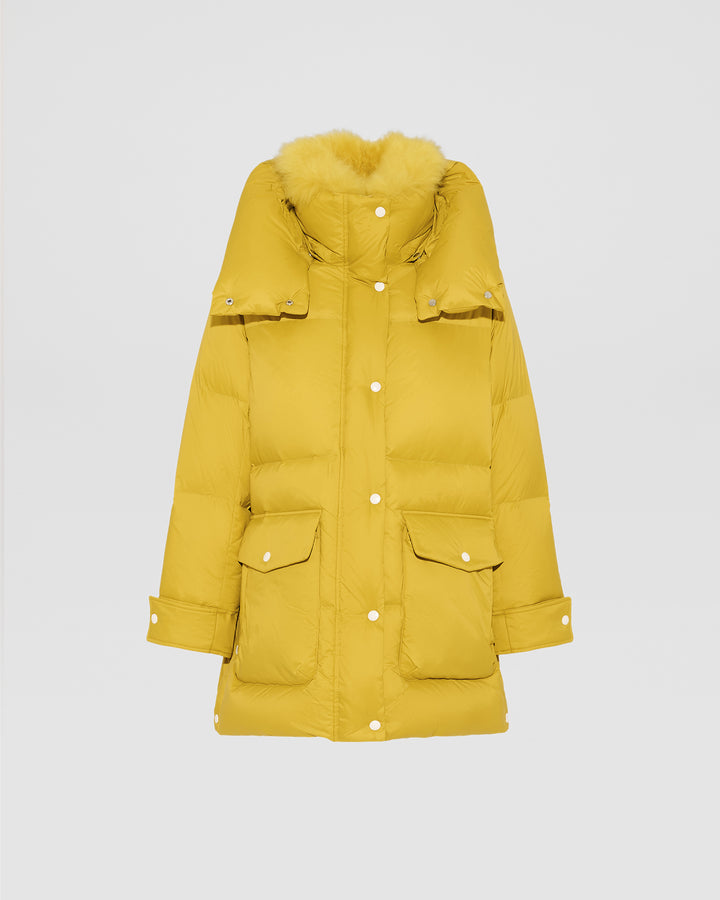 Doudoune 3/4 à capuche en laine d'agneau du Tibet