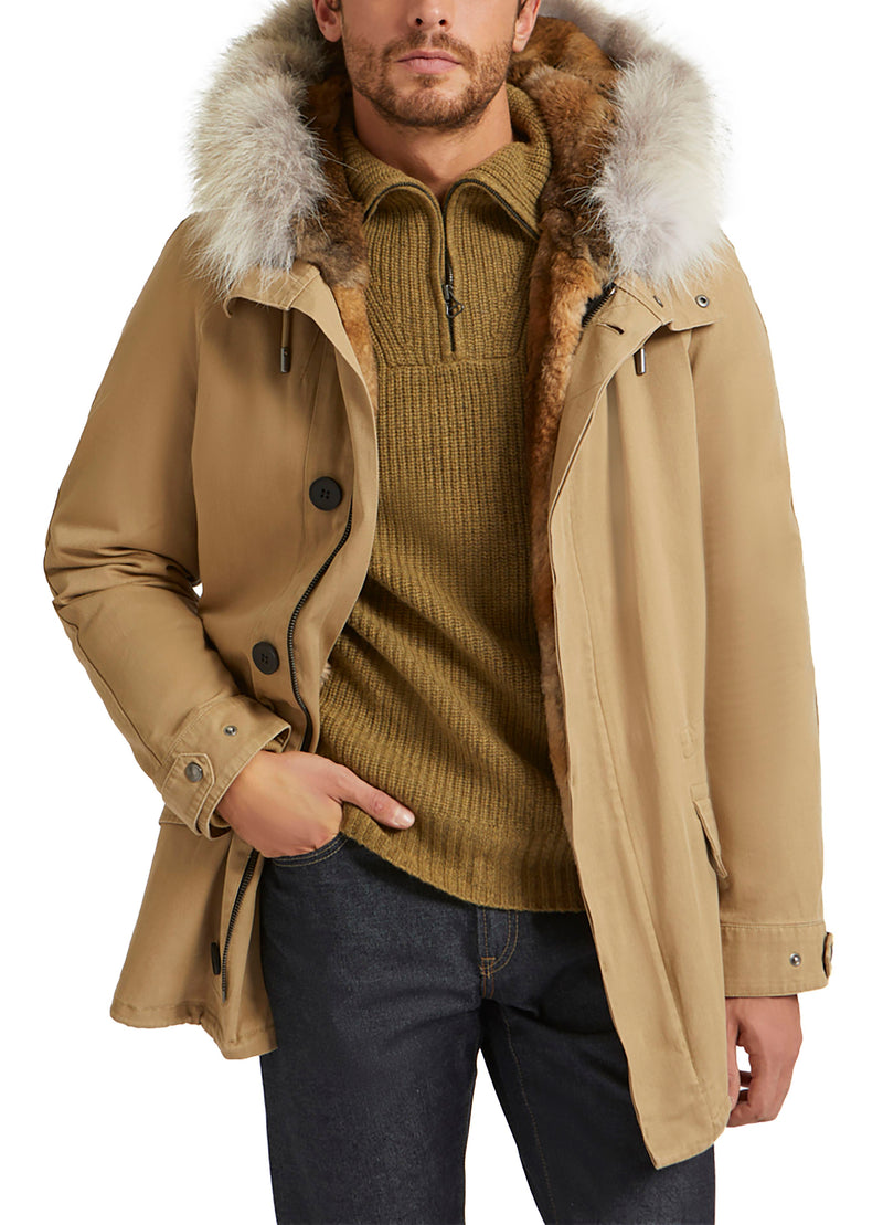 Parka iconique courte en gabardine de coton et fourrure