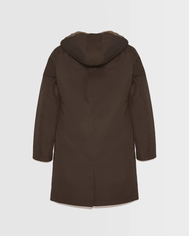 Manteau à capuche en gabardine imperméable et fourrure de vison