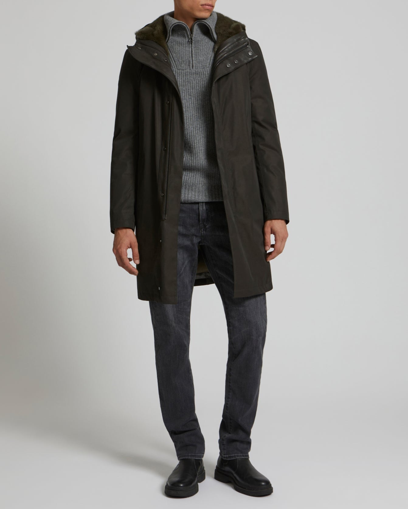 Hooded Coat In Gabardine And Mink - Black - Yves Salomon