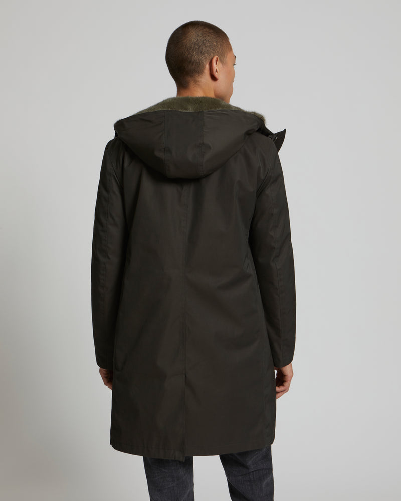 Manteau capuche en gabardine et vison