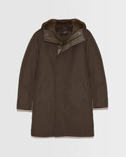 Manteau à capuche en gabardine imperméable et fourrure de vison