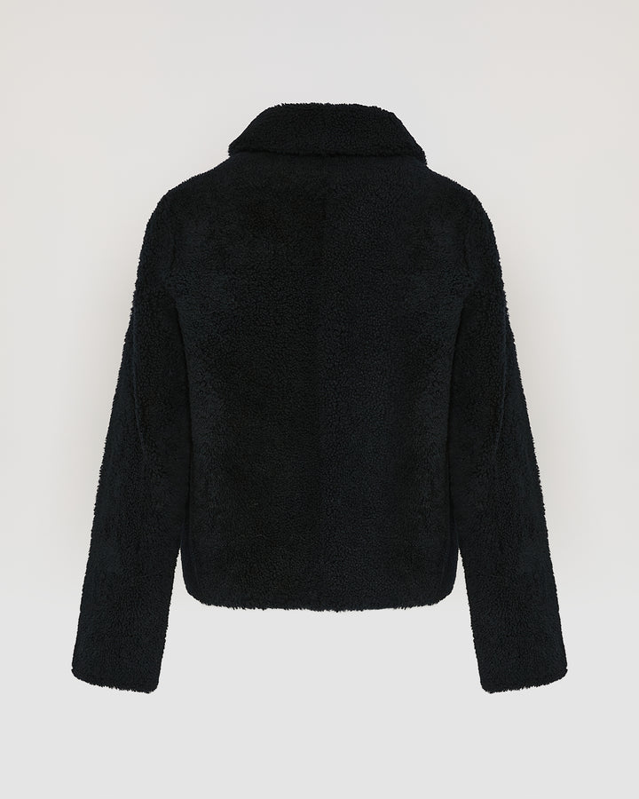Black Friday - Yves Salomon - Veste courte boutonnée en agneau Mérinos - noir bleuté - vue dos