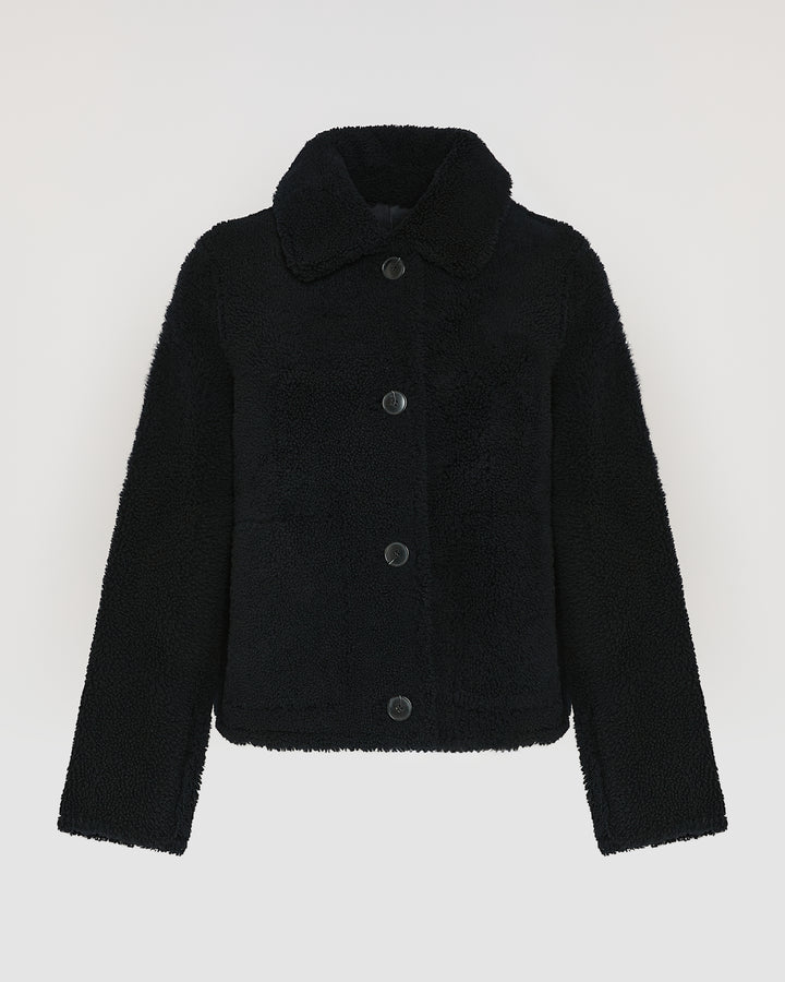 Black Friday - Yves Salomon - Veste courte boutonnée en agneau Mérinos - noir bleuté - vue face