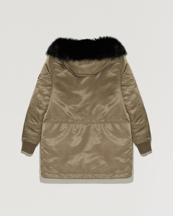 Doudoune en tissu technique à capuche avec fourrure de renard