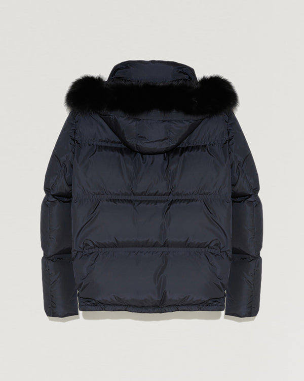 Doudoune en gabardine à capuche avec fourrure de renard