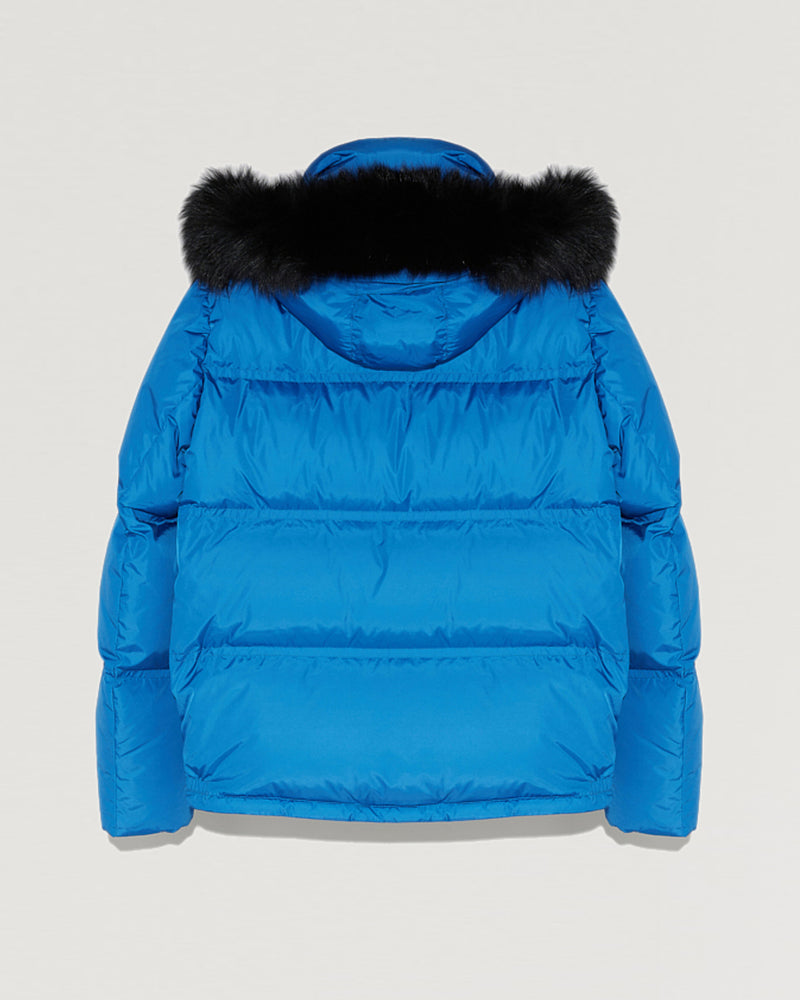 Doudoune en gabardine à capuche avec fourrure de renard