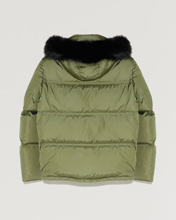 Doudoune en gabardine à capuche avec fourrure de renard