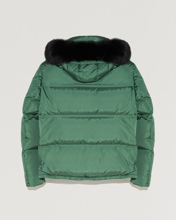 Doudoune en gabardine à capuche avec fourrure de renard
