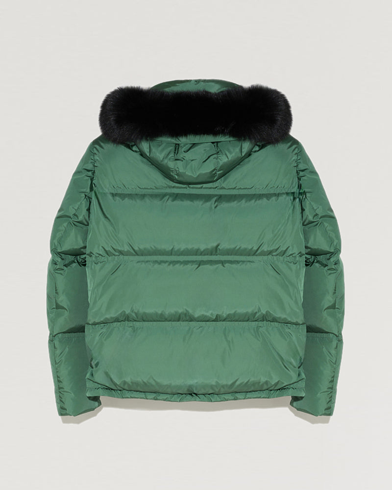 Doudoune en gabardine à capuche avec fourrure de renard