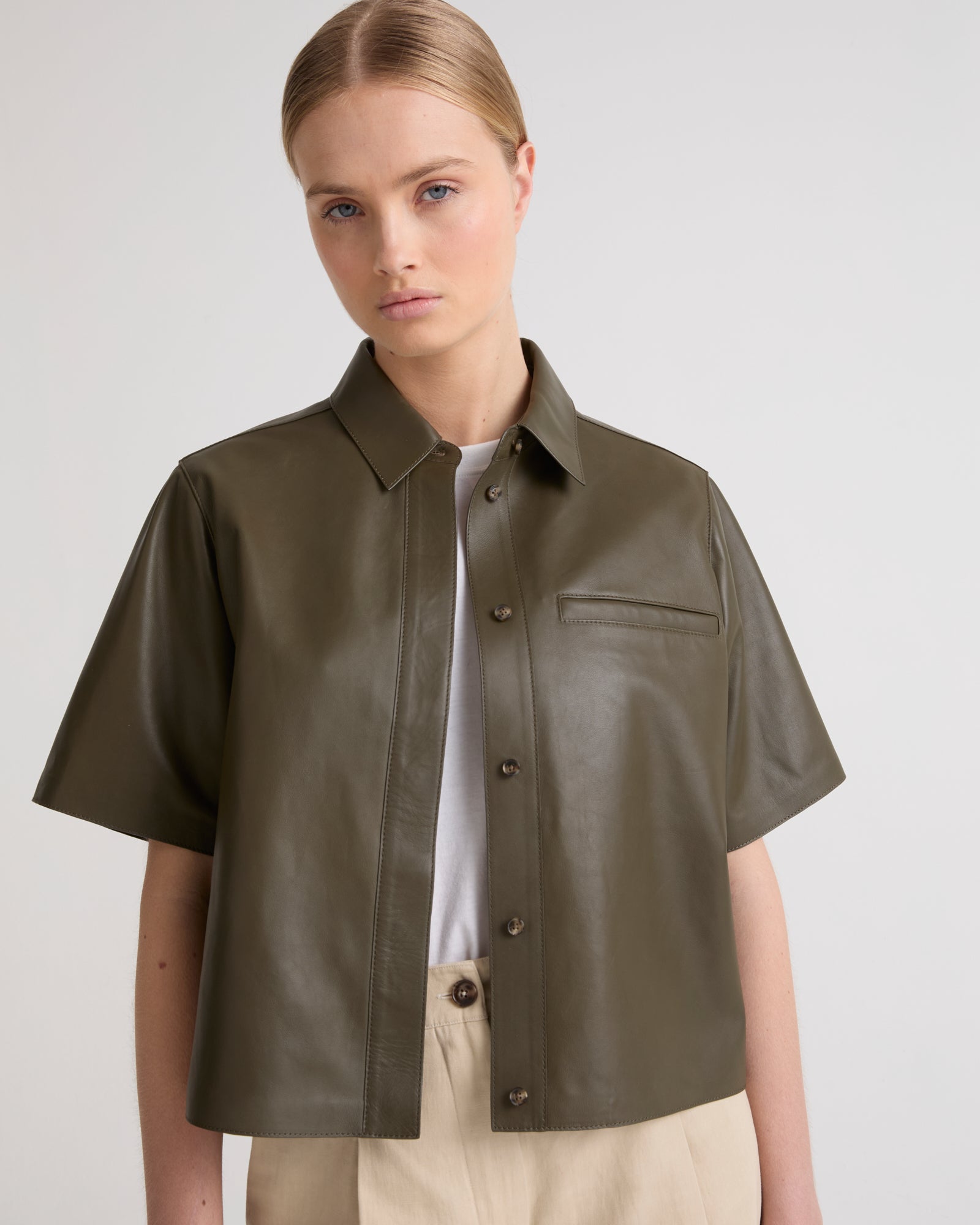 Cropped shirt with in leather - Khaki - Yves Salomon