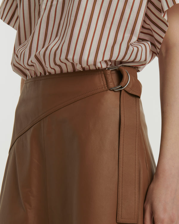 Belted leather midi skirt in lamb leather